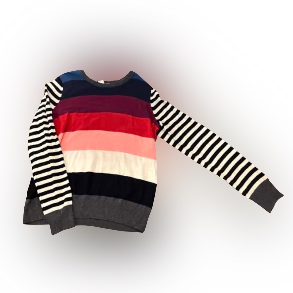 Gap XL color blocked sweater with black and white striped sleeves.